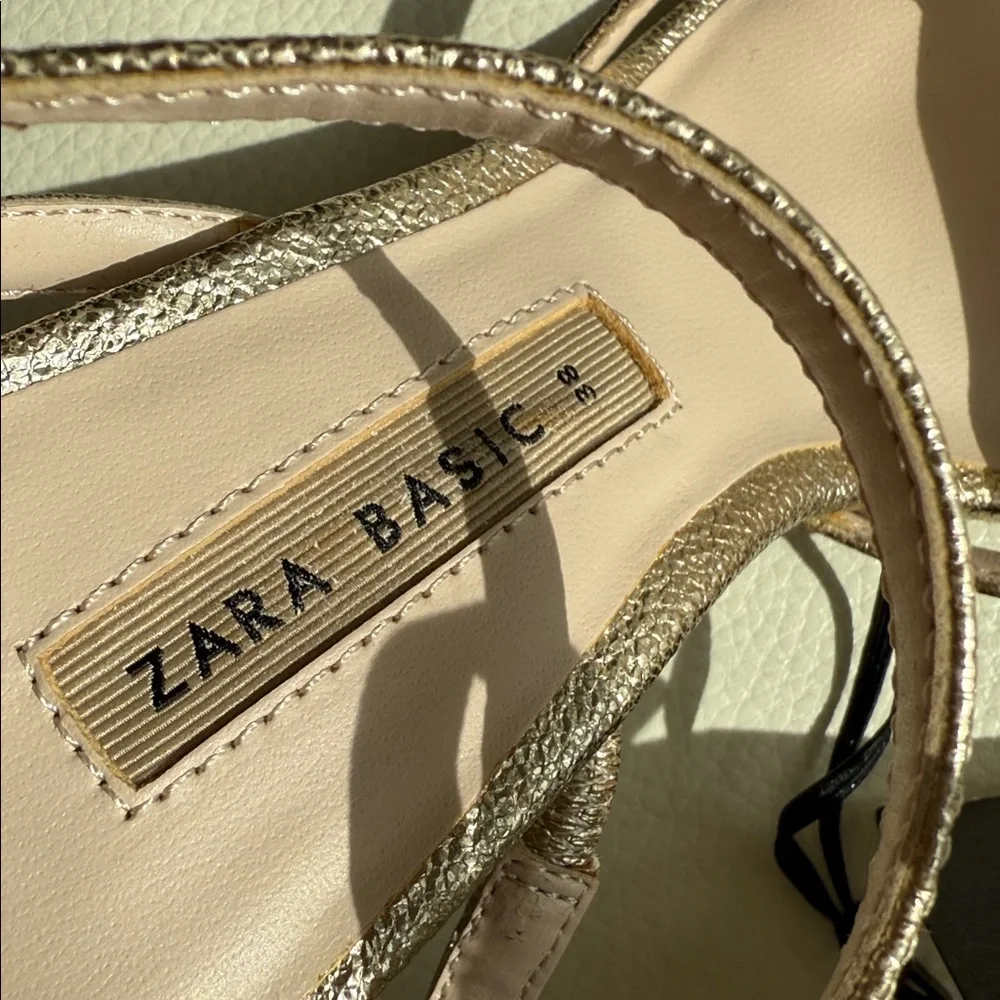 Zara‎ Gold Strappy Heels With Crystal Block